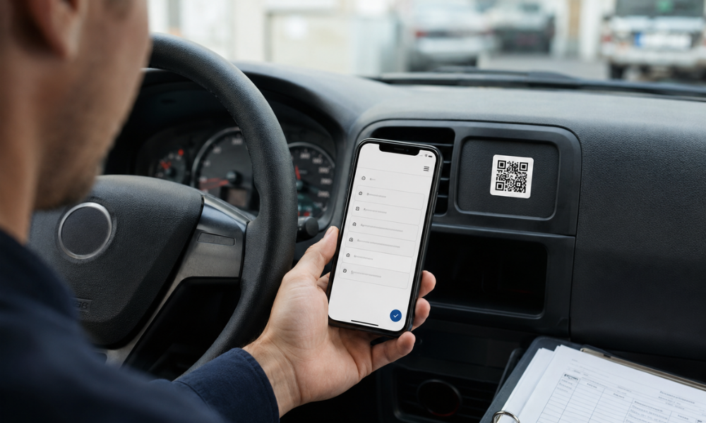 社用車の車内に設置されたQRコードを、運転者がスマートフォンで読み取っている写真品質のイメージ。スマートフォン画面には運転記録フォームが表示され、車両・運転者・日時・場所が自動入力されている雰囲気。背景にバインダーの紙の運転記録簿があり、紙からスマホ管理へ移行する構図。画像内テキストは最小限。