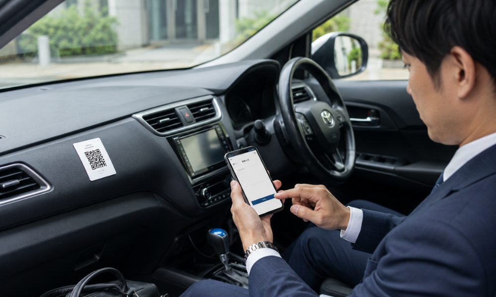 車内QRコードをスマートフォンで読み取ると、車両ナンバー、運転者、日時、GPS位置情報、ODDメーター写真が運転記録データとして自動的に集まる流れを表した分かりやすい図。日本語表記で、ITリテラシーの低い経営者にも好印象になるよう、テキスト量は少なく、QR読取、自動記録、記録完了が直感的に伝わる構成。画像内テキストは最小限。