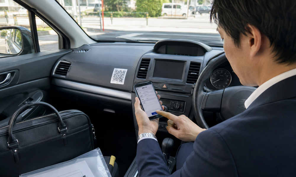営業担当者が営業車のダッシュボード付近に貼られたQRコードを読み取り、訪問先のメモをスマートフォンで登録している写真品質のイメージ。営業車の車内、QRコード、スマホのメモ入力画面、ビジネスバッグや書類が自然に見える構図。画像内テキストは最小限。