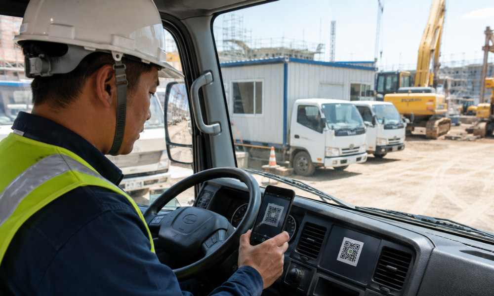 建設現場の駐車スペースで、工事車両の運転者がスマートフォンで車内QRコードを読み取り、現場移動の記録を残している写真品質のイメージ。作業員はヘルメットと安全ベストを着用し、背景に工事車両や建設機械、現場事務所が見える。画像内テキストは最小限。