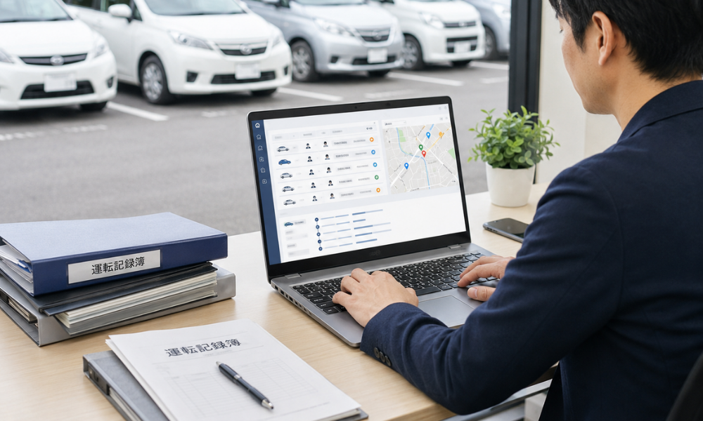 総務担当者が複数の社用車の利用履歴をノートPCで確認している写真品質のイメージ。駐車場に複数の社用車が並び、紙の記録簿からデジタル管理へ移行した雰囲気。PC画面には車両別・運転者別・日時・位置情報の管理画面が表示されている。画像内テキストは最小限。