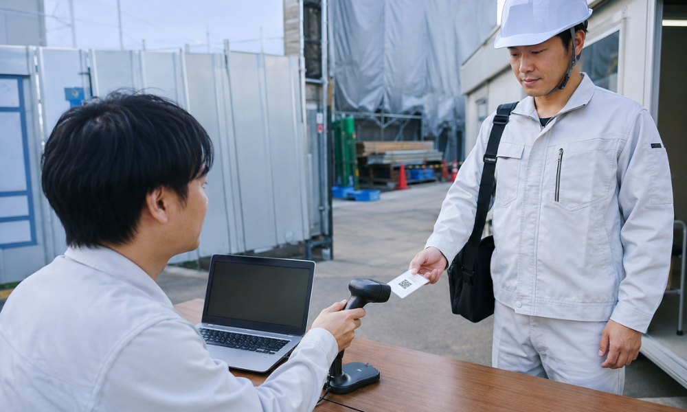 建設現場の入口で、作業員がQRコードカードを提示し、受付担当者または設置されたQRコードリーダーで読み取っている写真品質のイメージ。大がかりなゲート設備ではなく、現場入口にノートPC、QRコードリーダー、作業員カードが置かれている。現場の入退場記録をライトに始められる雰囲気。画像内テキストは最小限。