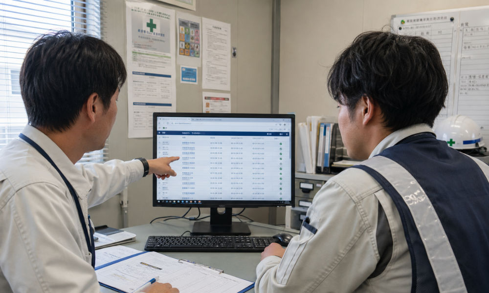 安全衛生担当者や現場所長が、建設現場の事務所内でPC画面を見ながら作業員の入退場履歴を確認している写真品質のイメージ。画面には会社別、作業員別、入場時刻、退場時刻が並ぶWebデータベース風の管理画面。現場の安全管理や緊急時の所在確認に活用している雰囲気。画像内テキストは最小限。