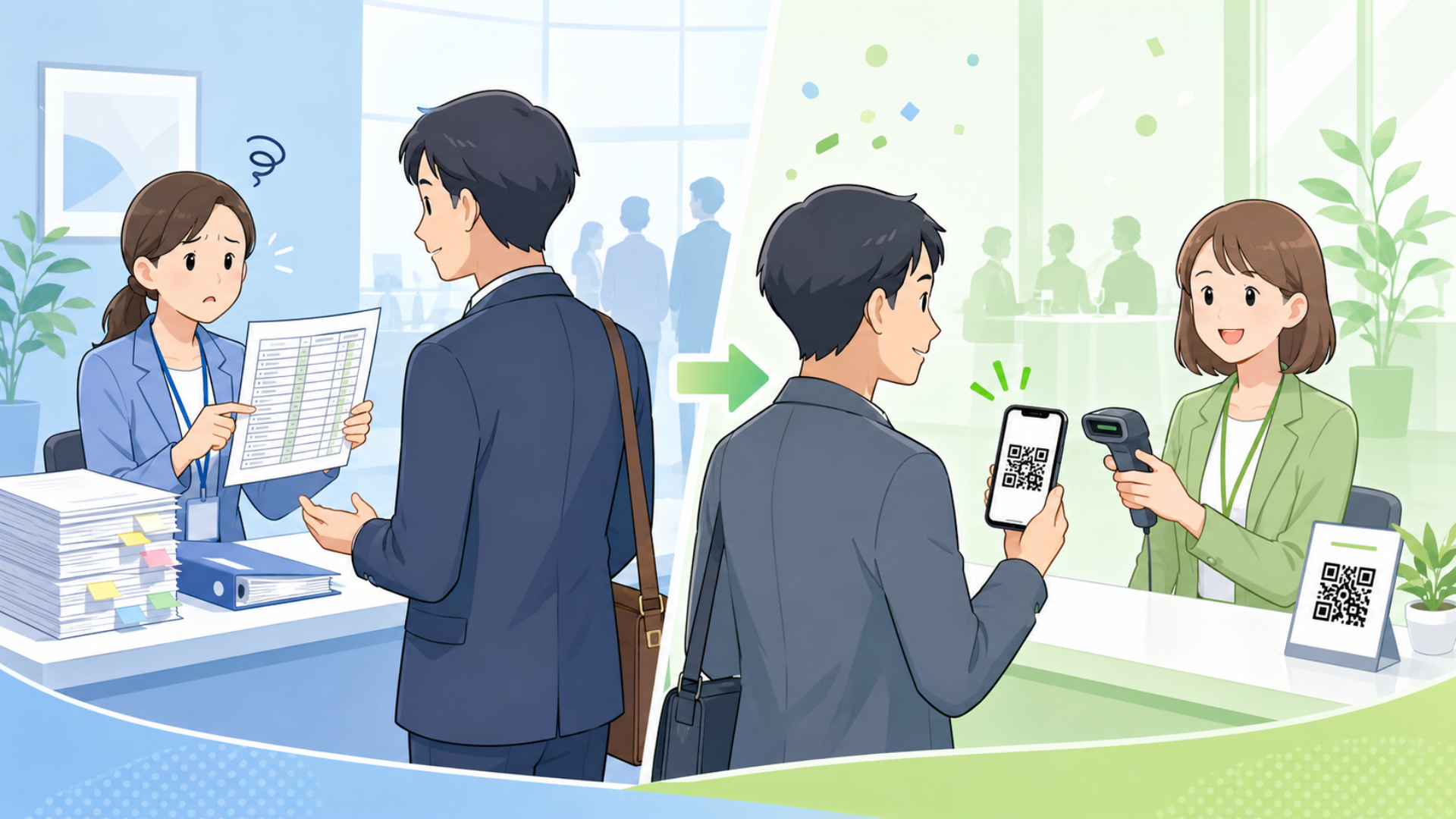 会社が単発で開催する自社イベントの受付をテーマにした、明るく親しみやすい法人向けフラットイラスト。受付担当者が紙のExcel名簿を見ながら来場者対応に迷っており、隣にスマートフォンとQRコード受付のイメージを配置する。実写ではなく、hanesol.com/blog_faceで使用しているような、やわらかい線、淡い青と緑を基調とした清潔感のあるイラスト風。横長16対9。画像内の文字は最小限にする