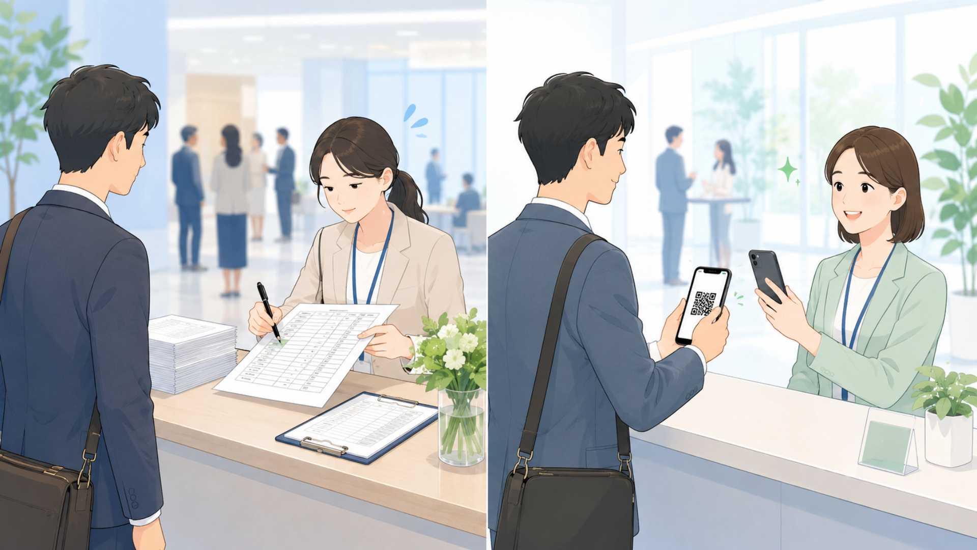 紙の来場者名簿による受付とQRコード受付を左右で比較する法人向けフラットイラスト。左側は受付担当者が紙の名簿から名前を探してペンでチェック、右側は来場者がスマートフォンにQRコードを表示し担当者が別のスマートフォンで読み取っている。実写ではなく、hanesol.com/blog_faceに合う、やわらかい輪郭と淡い青緑系の明るいイラスト。横長16対9。文字は入れず、動作の違いを視覚的に表現する