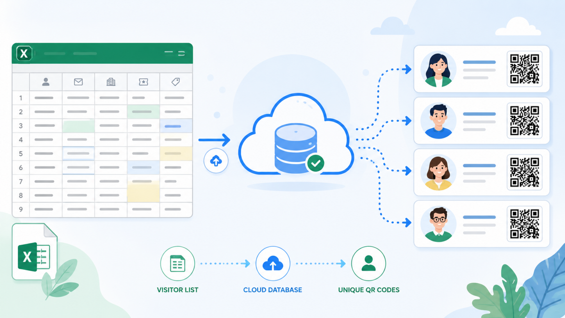 Excelの来場者名簿がクラウド上のデータベースに登録され、各行の人物ごとに異なるQRコードが自動生成される流れを表した法人向けフラットイラスト。左にExcel表、中央にクラウド、右に複数の人物カードとそれぞれ異なるQRコードを配置する。実写ではなく、hanesol.com/blog_faceで使われているような、親しみやすく清潔感のある青緑系イラスト。横長16対9。画像内テキストは最小限にする