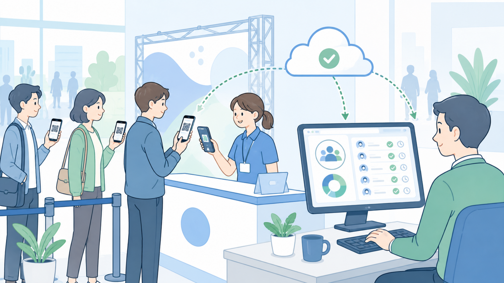イベント会場の受付で複数の来場者がスマートフォンにQRコードを表示し、受付担当者がスマートフォンで順番に読み取っている場面と、別の管理者がパソコン画面で受付済み人数と時刻を確認している様子を一枚にまとめた法人向けフラットイラスト。実写ではなく、hanesol.com/blog_faceのような明るくやわらかい青緑系イラスト。横長16対9。混雑しすぎず、仕組みが分かる構図。文字は最小限にする