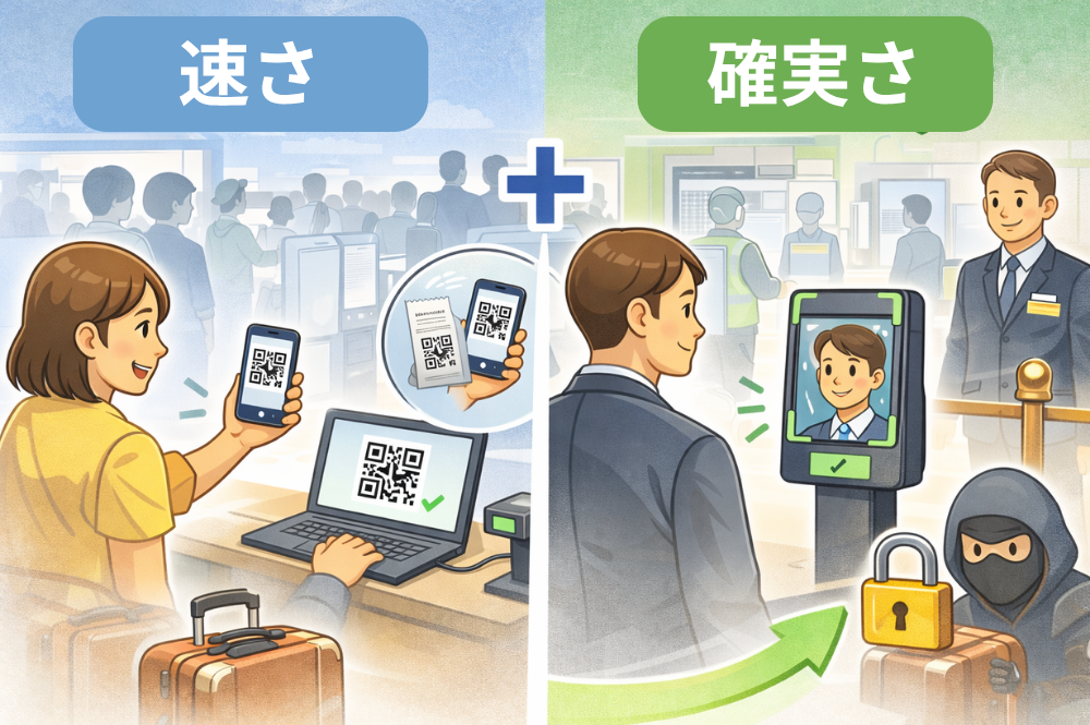 速さと確実さを両立するQR＋顔認証の概念図