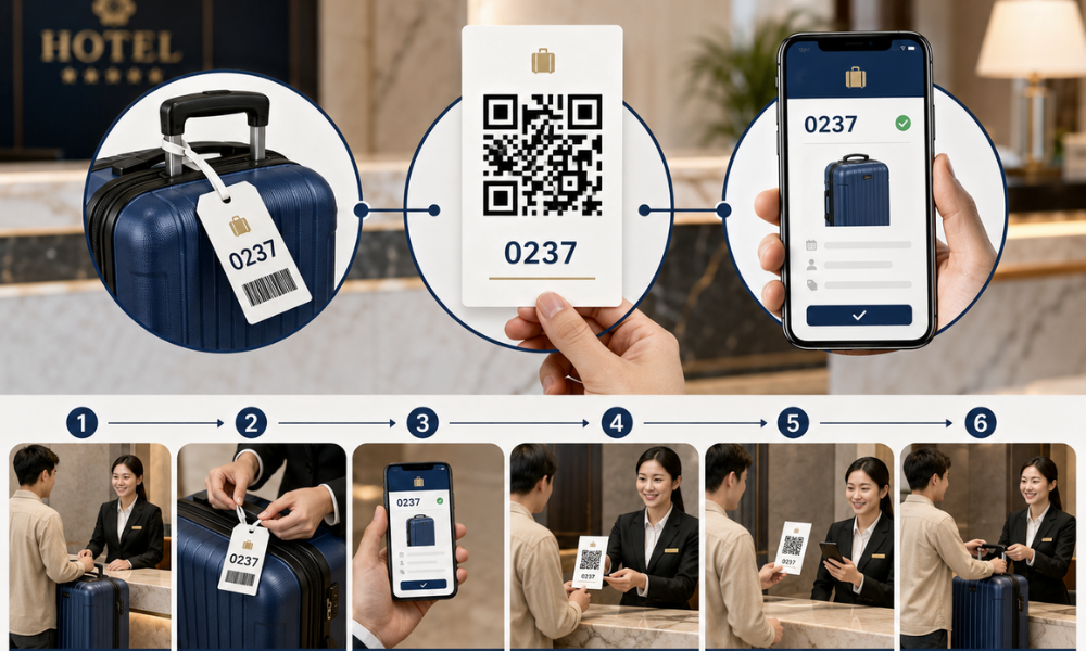 手荷物に取り付ける番号札、宿泊者に渡す引換用QRコード、スタッフ用スマートフォン管理画面が線で紐づいている図解イメージ。ホテルフロントでの預かりから返却完了までを直感的に示し、紙の番号札とQRコード管理を組み合わせる仕組みが分かる構成。画像内テキストは最小限。