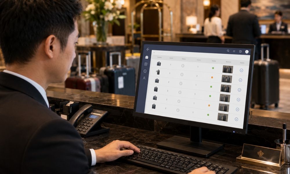 安全衛生担当者ではなくホテルのフロント責任者やベルデスク担当者が、PC画面で手荷物預かり管理のWebデータベースを確認している写真品質のイメージ。画面には預かり番号、荷物点数、預かり時刻、返却状況、写真確認のような項目が並ぶ。背景にスーツケースやホテルロビーがあり、画像内テキストは最小限。