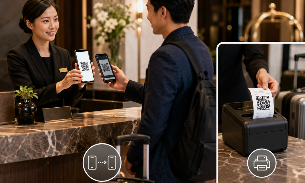 ホテルスタッフのスマートフォンに表示されたQRコードを、宿泊者が自分のスマートフォンで読み取り、自分用の引換QRコードを受け取っている対面での電子的なQRコード授受イメージ。ホテルフロントのカウンターでスタッフと宿泊者が向かい合い、レシートプリンタで紙に印刷する方法との比較も小さく含める。画像内テキストは最小限。