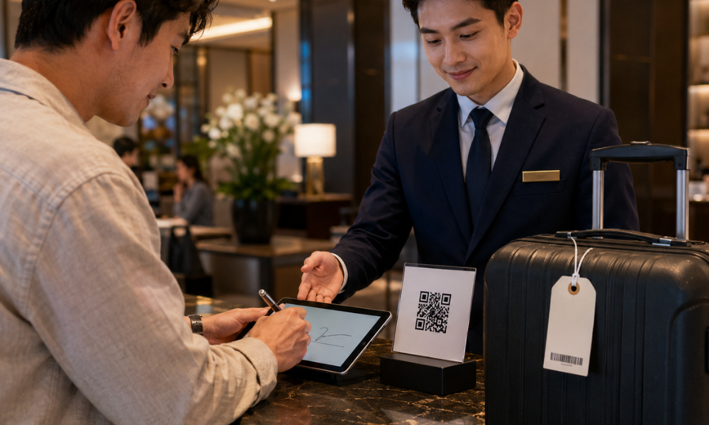 ホテルのフロントで、宿泊者がスマートフォンまたはタブレット画面に手書きの電子サインを行い、スタッフが手荷物の返却完了を確認している写真品質のイメージ。近くにスーツケースと番号札、引換用QRコードがあり、受領記録を電子的に残している雰囲気。画像内テキストは最小限。