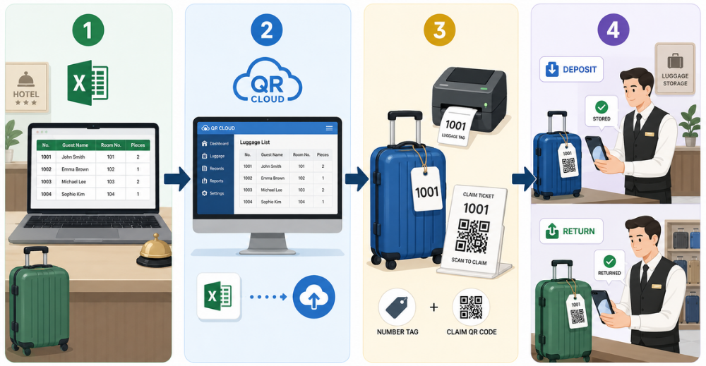 STEP1 手荷物預かり用の引換券リストをExcelで用意、STEP2 キューRクラウドに登録、STEP3 番号札と引換用QRコードを発行、STEP4 預かり時と返却時にスマートフォンで読み取り管理する、という4ステップを横並びで表した図。法人向けで分かりやすいフラットイラスト。画像内テキストは最小限。