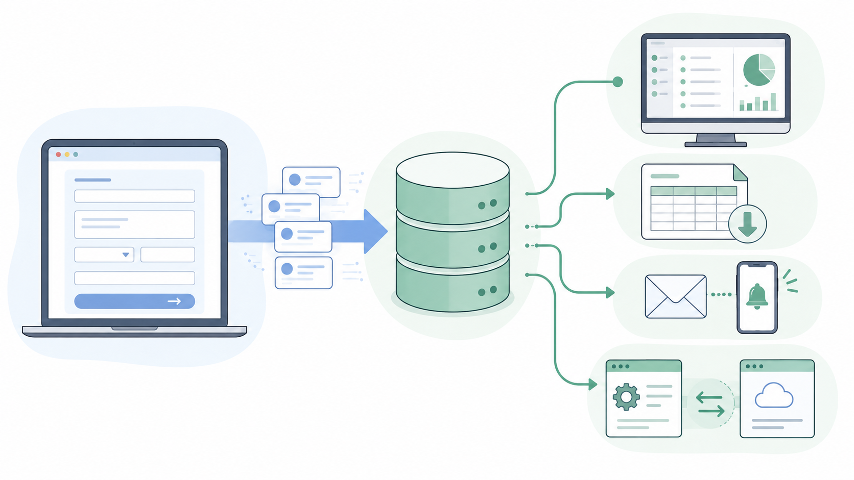 問い合わせフォームの情報をデータベースに保存し、管理画面、CSV、通知、API連携へ活用する流れ