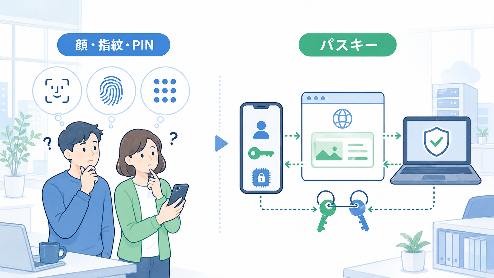 パスキーを顔認証そのものだと思って疑問を持つ一般利用者と、実際には端末内の鍵、Webブラウザ、WEBサービスが連携していることを対比する横長16対9の法人向けフラットイラスト。左側に顔認証、指紋認証、PINのアイコンを見ながら首をかしげる男女、右側にスマートフォン、ノートパソコン、鍵ペア、正規Webサイト、確認済みの盾を配置する。添付参考画像のような明るく親しみやすい手描き風、白を基調に淡い青と青緑、細い濃紺の輪郭線、清潔感のあるオフィス背景。画像内の文字は『顔・指紋・PIN』と『パスキー』程度の最小限にする。