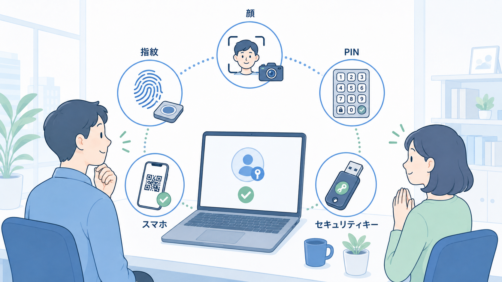 カメラや指紋センサーがないパソコンでもパスキーを利用できることを示す横長16対9の法人向けフラットイラスト。中央にノートパソコンを置き、周囲にWindows Helloの顔認証カメラ、指紋センサー、数字PIN入力、スマートフォンのQR認証、USBセキュリティキーの5つの選択肢をアイコンで配置する。添付参考画像に近い明るい手描き風、白背景、淡い水色と青緑、濃紺の細い輪郭、人物は安心した表情。画像内の文字は『顔』『指紋』『PIN』『スマホ』『セキュリティキー』だけに限定する。