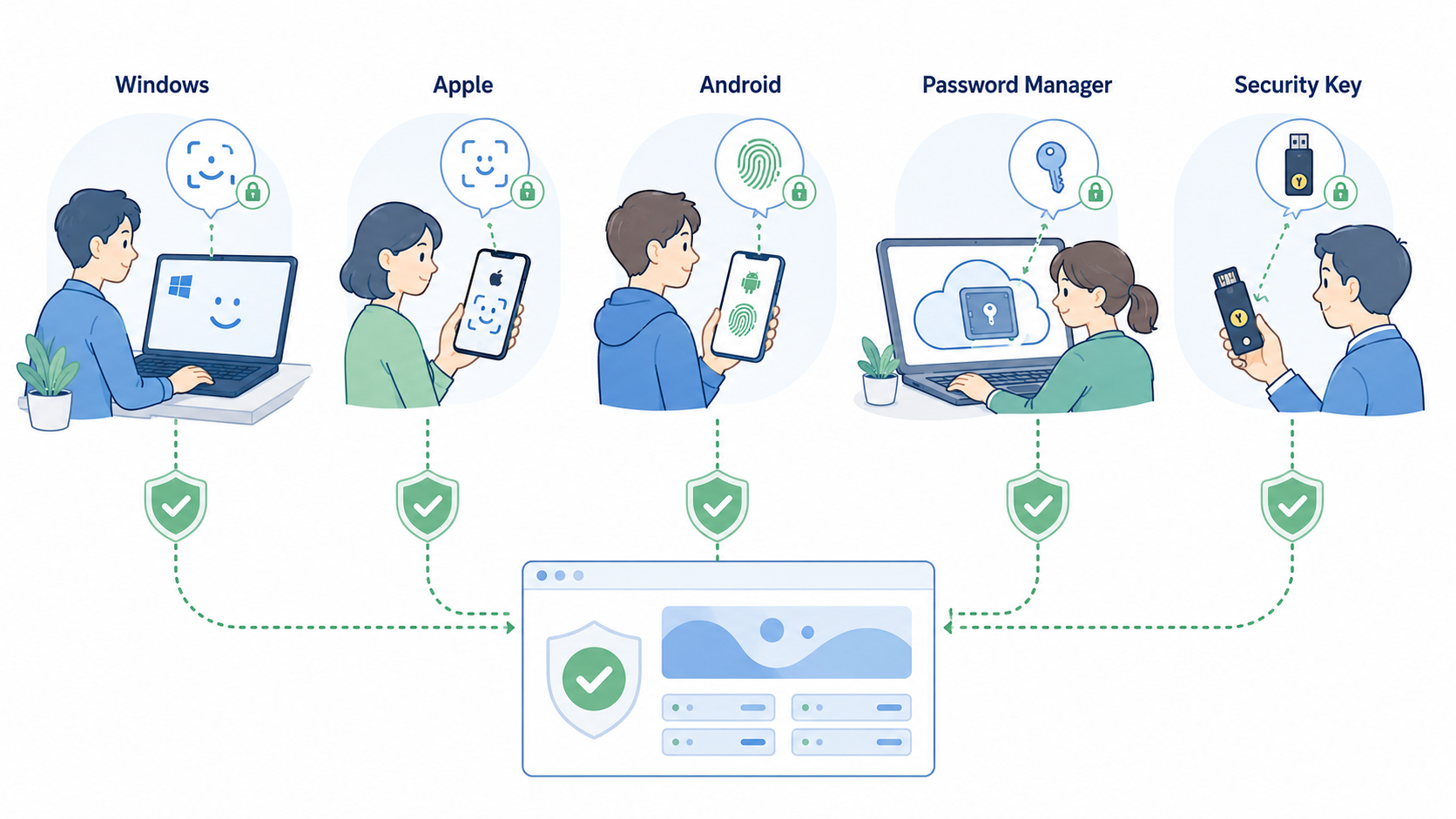 Windows、iPhone、Android、パスワードマネージャー、USBセキュリティキーでパスキーが管理される代表例を横並びで示す横長16対9の法人向けフラットイラスト。WindowsノートPCにはWindows Hello、iPhoneにはFace ID、Androidには指紋、クラウド型パスワードマネージャーには鍵付き保管庫、USBキーには物理キーを描く。顔や指紋のデータは各端末内に留まり、WEBサービスにはチェック済みの認証結果だけが届く構図。添付参考画像のような明るい青・青緑系、白背景、親しみやすい人物と柔らかい線。画像内の文字は『Windows』『Apple』『Android』『Password Manager』『Security Key』程度に限定する。