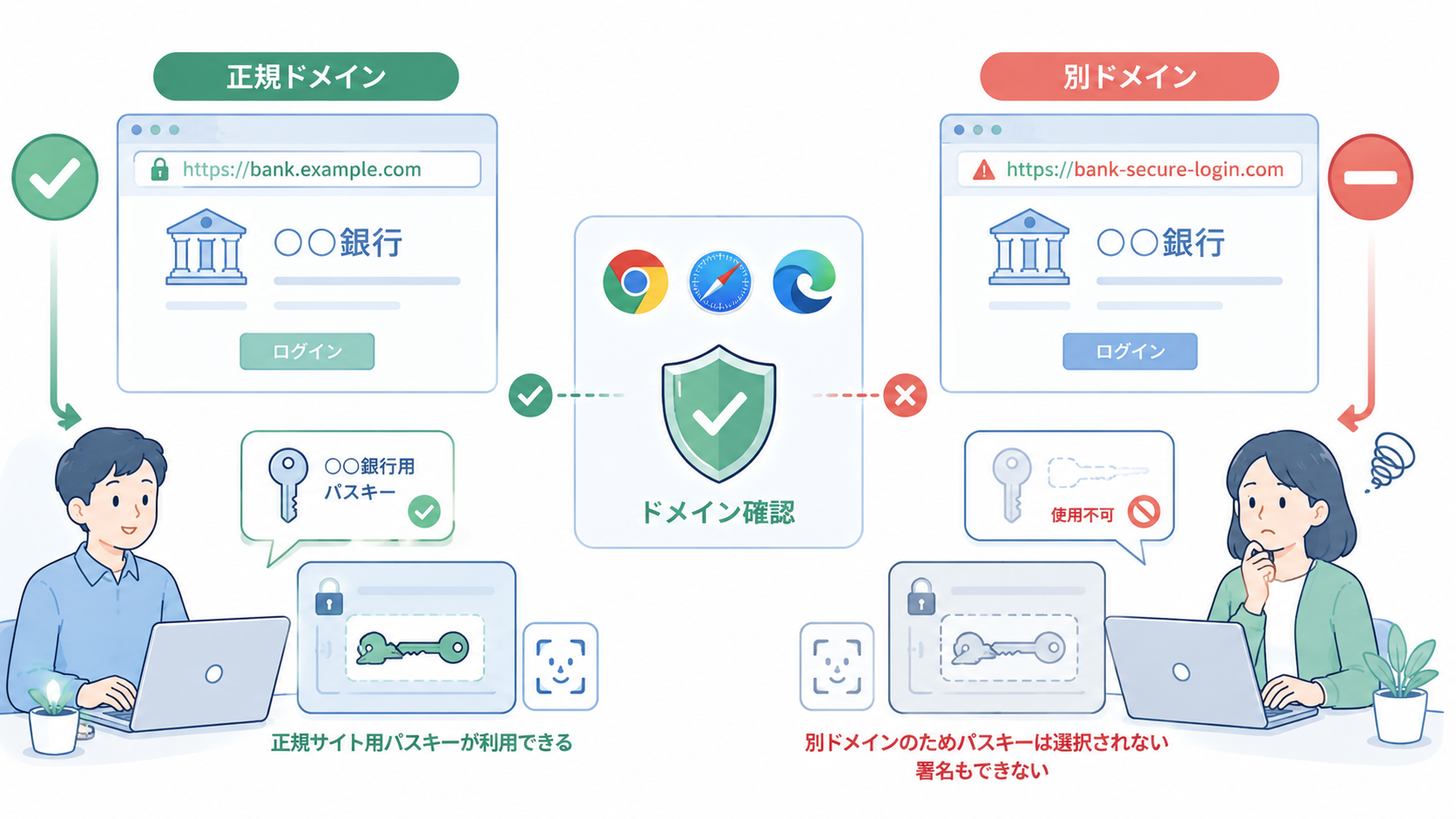 正規サイトとフィッシングサイトを左右に比較する横長16対9の法人向けフラットイラスト。左に正規ドメインの銀行サイトと緑のチェック、端末内の正規サイト用パスキーが利用できる構図。右に見た目は似ているが別ドメインの偽サイトと赤い停止マーク、パスキーの鍵が選択されず署名できない構図。中央にChrome、Safari、Edgeをイメージしたブラウザとドメイン確認の盾を置く。添付参考画像のような淡い青・青緑、白背景、やさしい手描き風。文字は『正規ドメイン』『別ドメイン』『使用不可』程度に限定する。