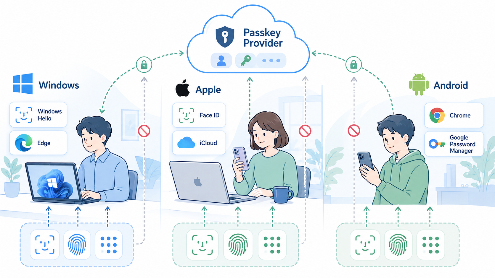 Apple、Google、Microsoftとパスキープロバイダーの役割を身近な製品と結び付けて示す横長16対9の法人向けフラットイラスト。左にWindows PCとWindows Hello・Edge、中央にiPhoneとMac・Face ID・iCloud、右にAndroidスマートフォン・指紋・Chrome・Googleパスワードマネージャーを配置する。上部に保護されたクラウド同期、下部に各端末固有の顔・指紋・PIN確認を描き、顔や指紋はクラウドへ流れないことを示す。添付参考画像のような明るい青緑系、白背景、人物と端末を柔らかく描く。画像内文字は企業・製品名と『Passkey Provider』程度に限定する。