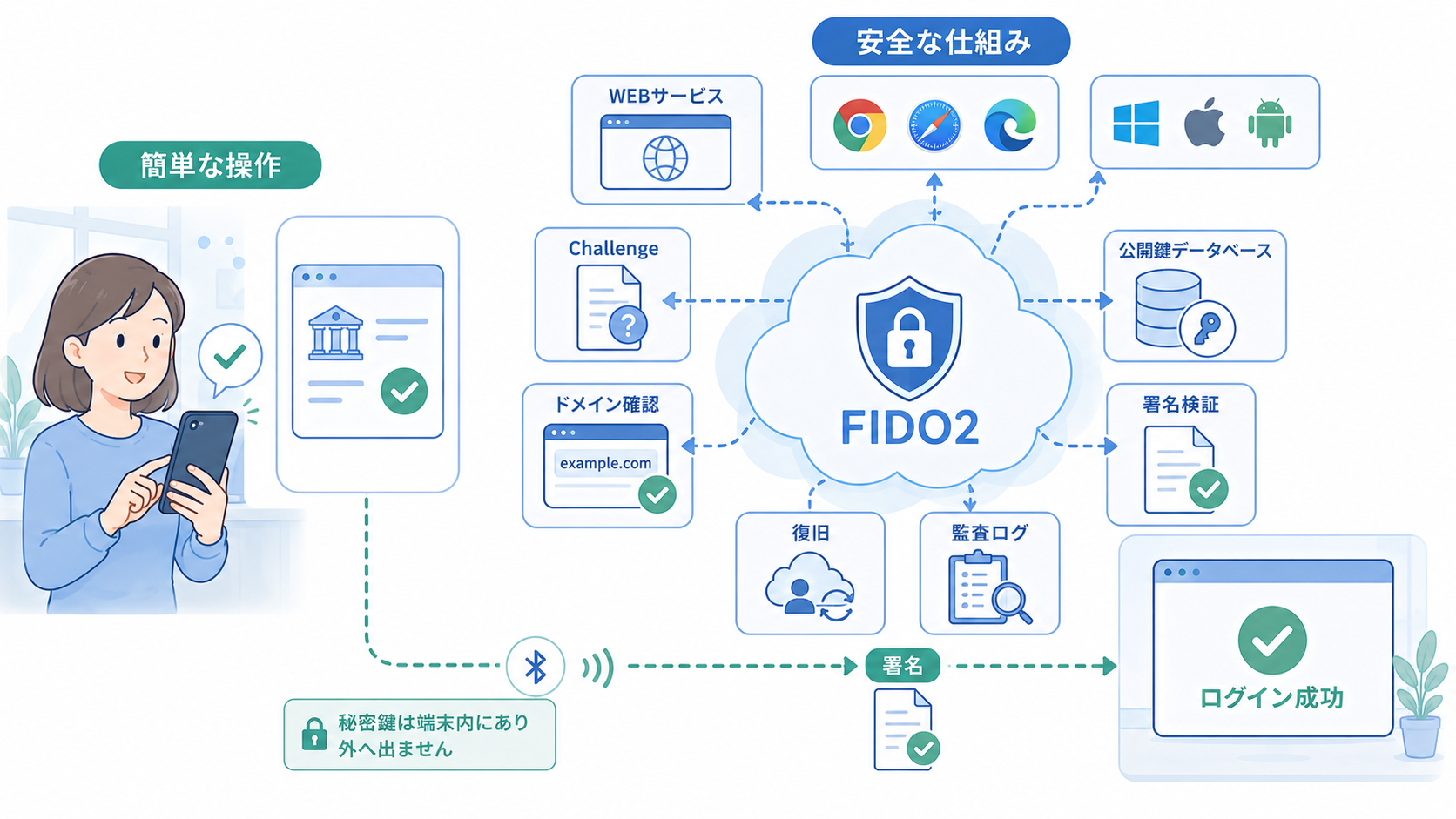 利用者には簡単だが裏側では多くの技術が連携していることを示す横長16対9の法人向けフラットイラスト。手前にスマートフォンでワンタッチ認証する一般利用者、背後にWEBサービス、Chrome・Safari・Edge、Windows・Apple・Android、公開鍵データベース、Challenge、ドメイン確認、署名検証、復旧、監査ログをアイコン中心で配置する。複雑な裏側を一つの安全なクラウド基盤へ集約する構図。添付参考画像に近い明るい青・青緑、白背景、清潔な法人向け手描きイラスト。画像内文字は『簡単な操作』『安全な仕組み』『FIDO2』程度に限定する。