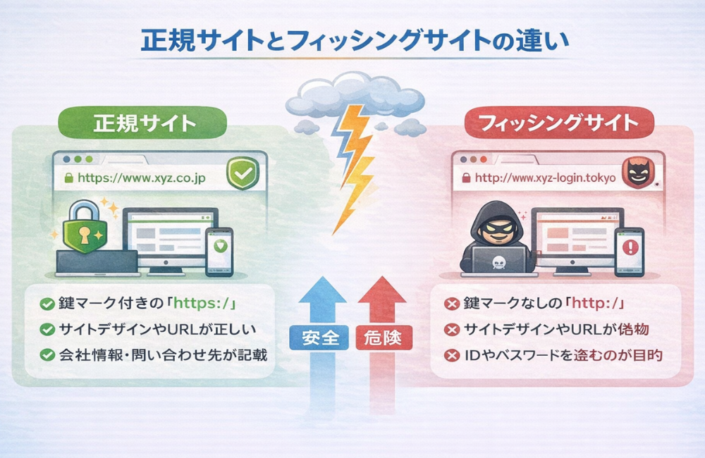 正規サイトとフィッシングサイトの違い（概念図）