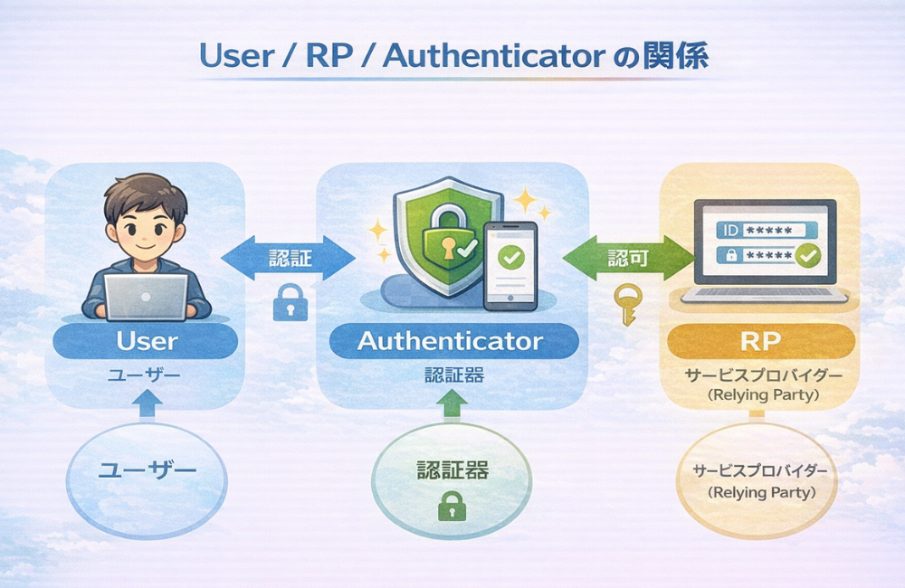 User / RP / Authenticator の関係図