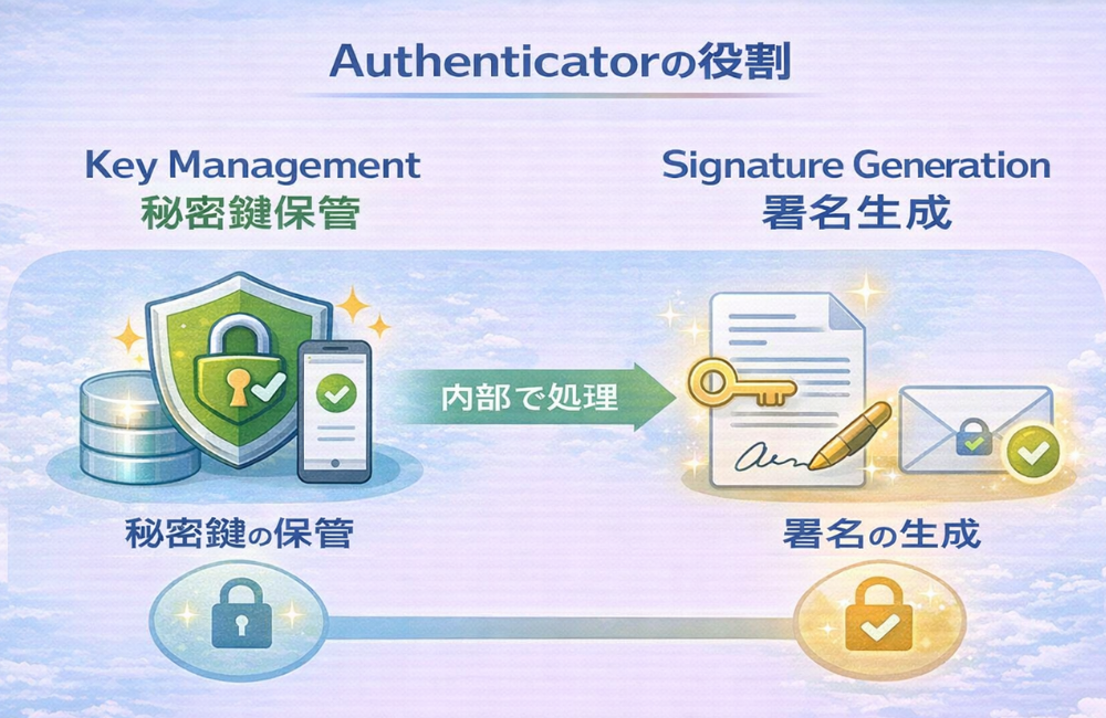 Authenticatorが担う役割（秘密鍵保管と署名生成）