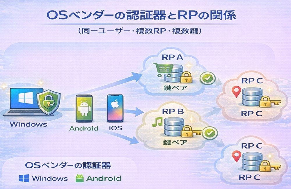 OSベンダーの認証器（Windows / Android / iOS）とRPの関係