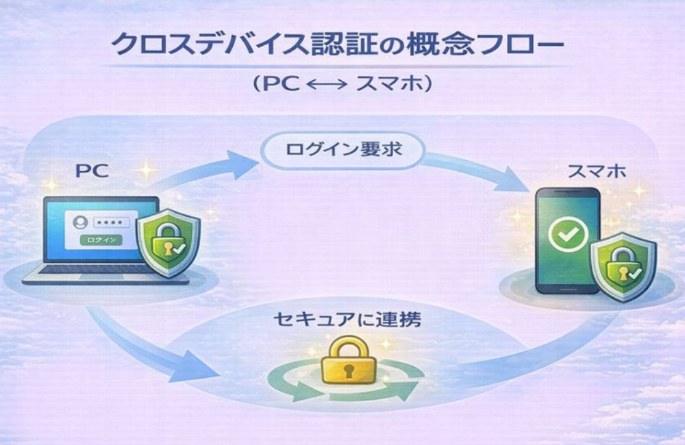 クロスデバイス認証（PC ↔ スマホ）の概念フロー