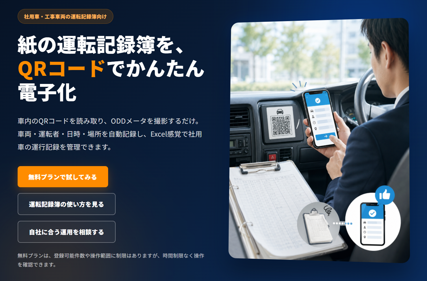 社用車運行管理・運転記録簿をQRコードで電子化するLPへ誘導するバナー画像。紙の運転記録簿、Excel一覧、車内QRコード、スマホ運転記録フォーム、管理画面を組み合わせた法人向けデザイン。画像内テキストは最小限。
