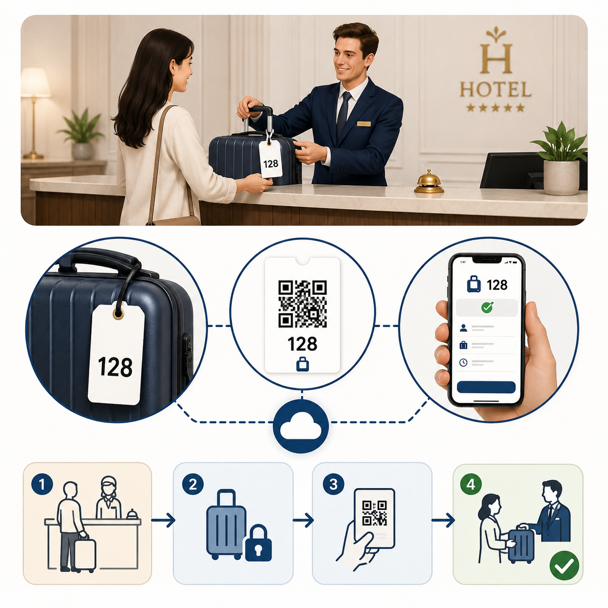 手荷物に取り付ける番号札、宿泊者に渡す引換用QRコード、スタッフ用スマートフォン管理画面が線で紐づいている図解イメージ。ホテルフロントでの預かりから返却完了までを直感的に示す。