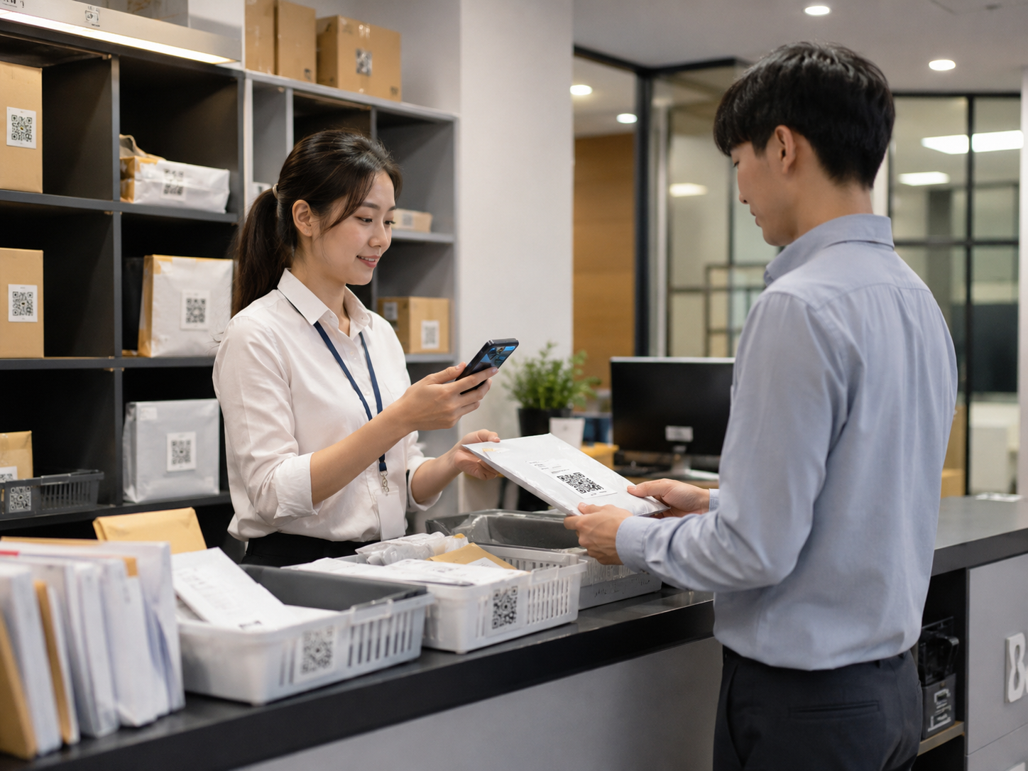 オフィス受付や総務部で受け取った郵便物や宅配物を、社員へ再配達または引き渡すためにQRコードで管理しているイメージ。