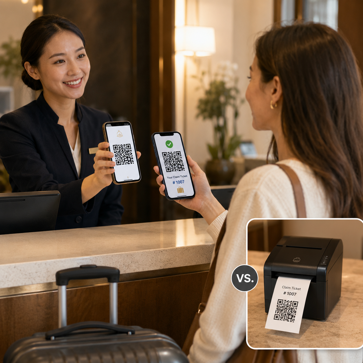 ホテルスタッフのスマートフォンに表示されたQRコードを、宿泊者が自分のスマートフォンで読み取り、自分用の引換QRコードを受け取っている対面での電子的なQRコード授受イメージ。レシートプリンタ印刷との比較も小さく含める。