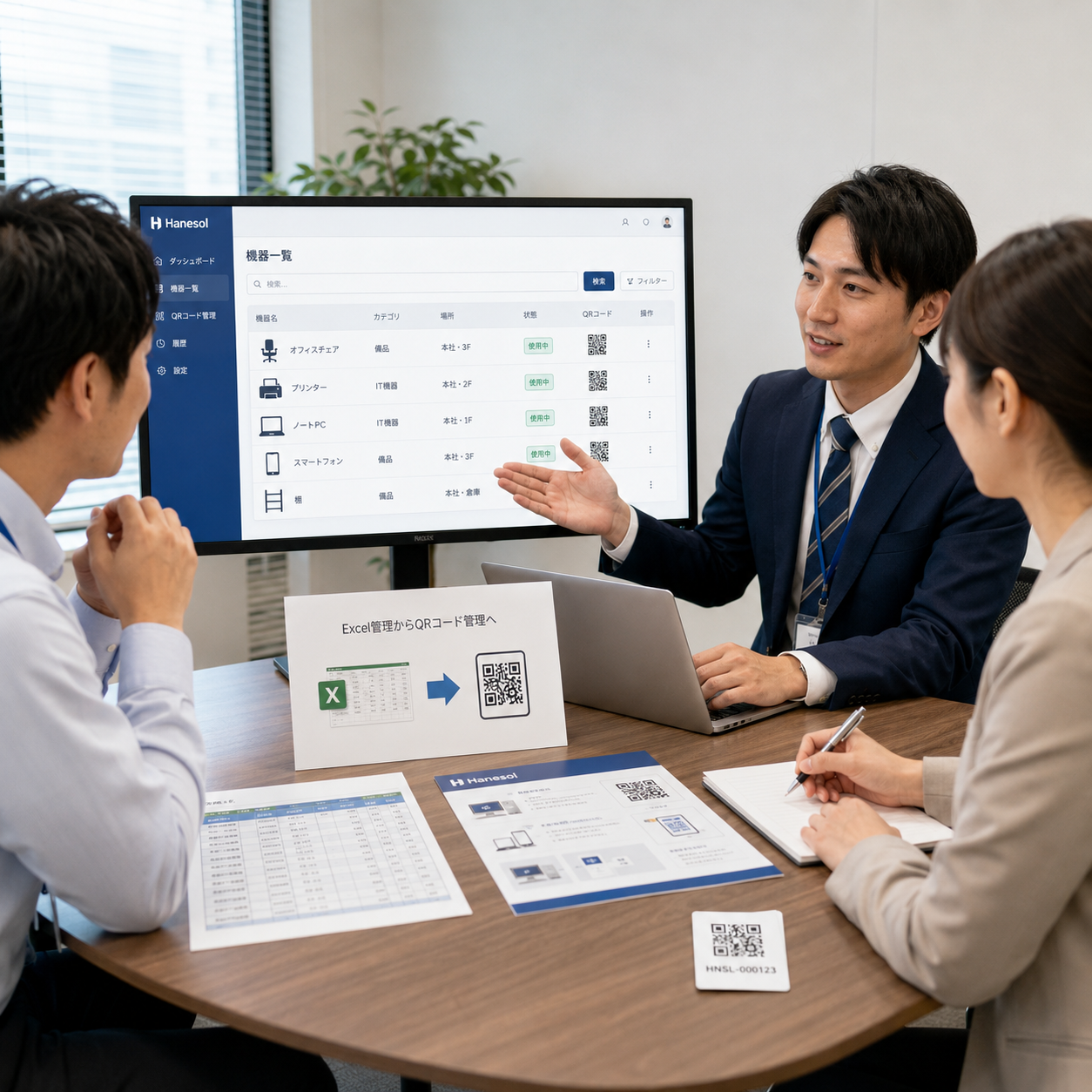 ハネソルの担当者が、情報システム部や総務部の担当者と打ち合わせを行い、Excel備品台帳からQRコード管理へ移行する相談をしているイメージ。PC画面には備品管理のWebデータベース画面が表示されている。