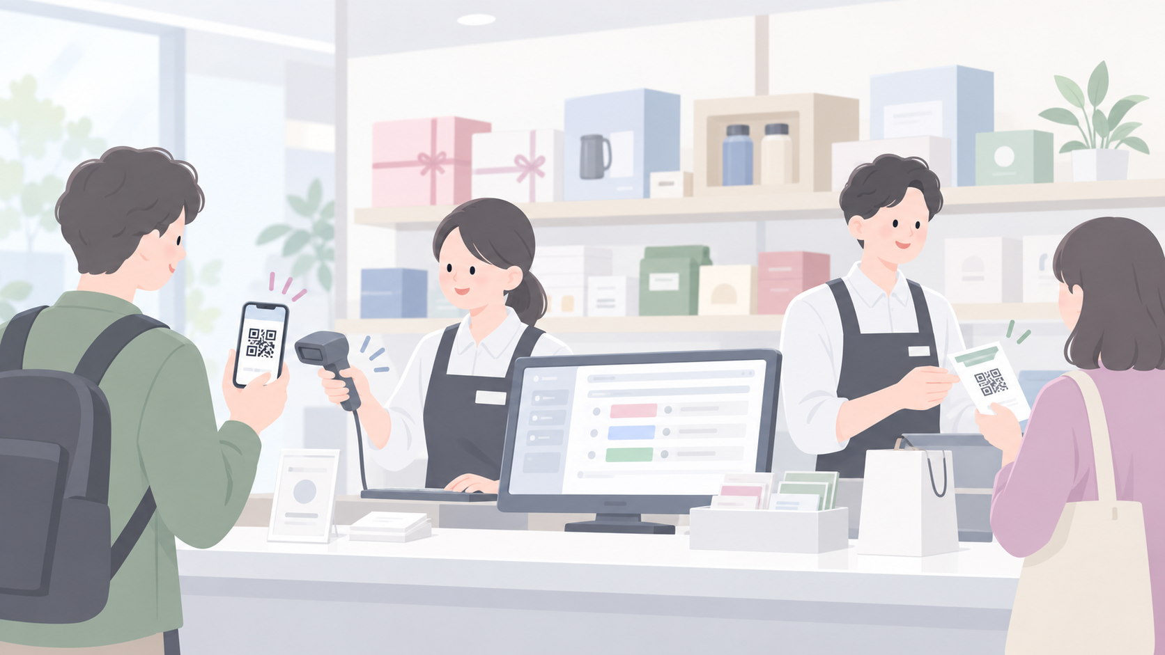 【制作指示:横長16:9の自然なビジネス向けイラスト。企業主催の特典引換カウンター。来訪者がスマートフォンのQR引換券を提示し、スタッフがPCと外付けバーコードリーダーを用いて読み取っている。PC画面は抽象化された管理画面で、券種の分類が赤・青・緑のセル背景色で分かる。別のスタッフが紙の引換券にも対応し、背後では整理された特典商品箱が見える。大規模イベントの混雑ではなく、実務的で落ち着いた法人向け受付風景。固有名詞・会社ロゴ・読める氏名・架空の実在ブランドは不要。】