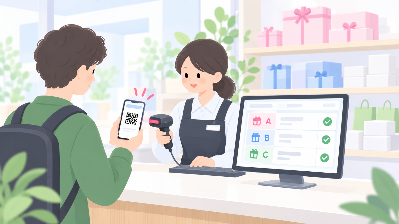 【画像制作指示：横長16:9。bulk_issue・purchase_benefitなどの既存画像と同じ淡いブルー、ピンク、グリーンの上品なモダンフラットイラスト。少人数の企業キャンペーン景品引換窓口。来訪者がスマートフォンに表示したQR引換券を提示し、スタッフがPCと外付けバーコードリーダーで利用可否を確認。PC画面は個人情報が読めない抽象化された一覧で、景品A・B・Cを赤・青・緑のセルで区別し、利用確認のチェック記号を表示。奥には無地の景品箱や包装されたノベルティが整然と並ぶ。混雑しない実務的な窓口。QRは架空模様、実在企業ロゴ・ブランド名・当選者氏名・番号・長文は描かない。十分な余白と清潔感を持たせる。】
