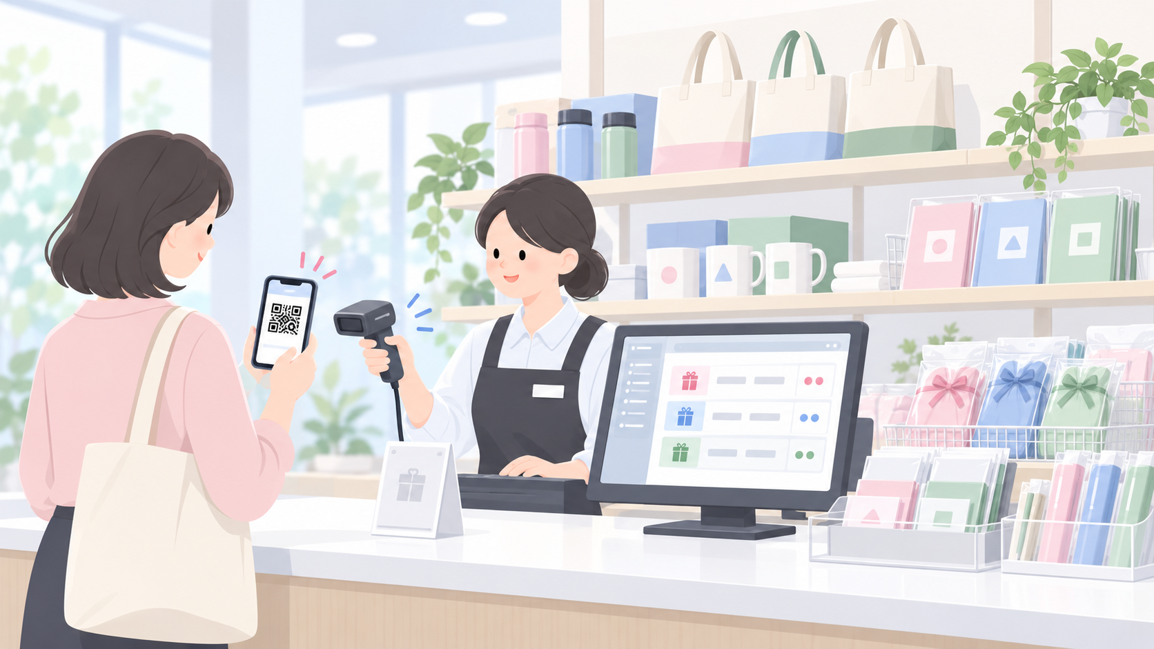 【画像制作指示：横長16:9。bulk_issue・purchase_benefitの既存イラストと同一タッチの淡いピンク、ブルー、グリーンを用いた上品な法人向けフラットイラスト。少人数の会員特典受取カウンターで、スマートフォンの会員限定QR券を持つ来訪者に対し、スタッフがPCと外付けバーコードリーダーで利用確認している。PC画面は会員IDや券種が判別できない抽象化された一覧で、赤・青・緑の色分けセルを表現。背景に会員限定の記念品を整理して配置。落ち着いた実務風景、広い余白。企業ロゴ、実在ブランド名、読める会員情報、長文テキスト、実在のイベント名称なし。】
