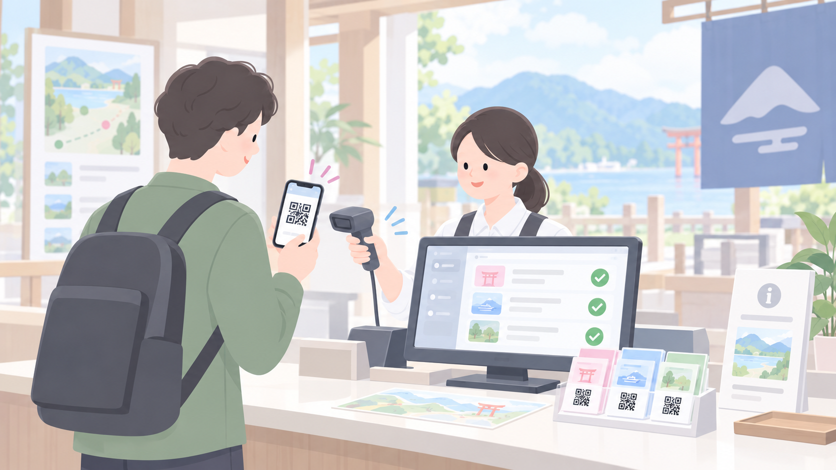 【画像制作指示：横長16:9。過去のチケット特集画像と同じ淡いピンク、ブルー、グリーンの上品なフラットイラスト。静かな観光体験施設の小さな受付カウンター。旅行者がスマートフォンのQR体験チケットを提示し、現地スタッフがPCと外付けバーコードリーダーで読み取っている。PCには体験A・体験B・体験Cを色で識別する抽象的な赤・青・緑のセルと有効性確認のチェック記号。横に紙の体験引換券、背景に控えめな観光地らしい案内ボードや自然の景色。混雑なし、実務的で清潔感ある受付。QRコードは架空の模様のみ。実在の施設名・旅行会社名・企業ロゴ・氏名・読める番号なし。】